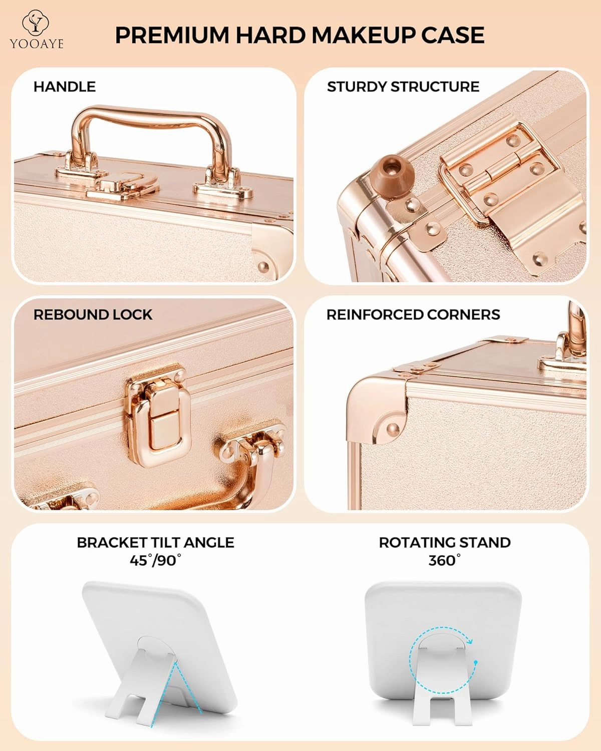 Makeup Box with Detachable Lighted Mirror–Travel Train Case, Cosmetic/Storage Organizer & Makeup Suitcase with Adjustable Dividers & Magnetic LED Mirror (Rose Gold)