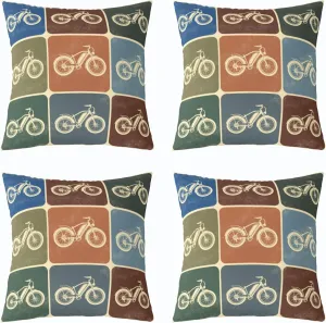 Manfei Retro Bicycle Reversible Print Pillow Covers 4 Pack,Bike Silhouette Extreme Sports Cycling Decorative Cushion Covers 16"x16",Vintage Biege Brown Green Checker Plaids Pillow Covers,4 Pack