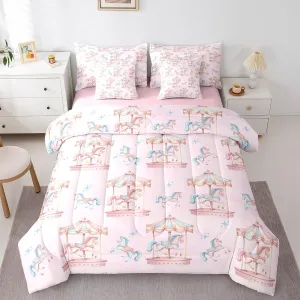 Manfei Unicorn Bed Set in a Bag 7 Pcs,Amusement Park Carousel Romantic Bedding Set,Princess Style Fairy Tale Horse Animal Blue Pink Comforter with Fitted,Flat Sheet,Pillowcase,Pillow Covers,Full