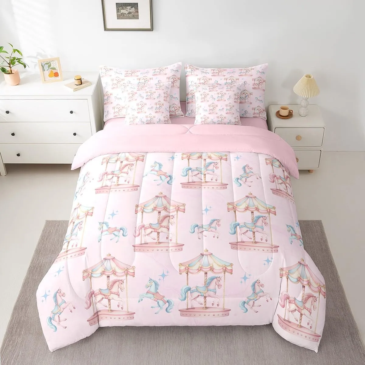 Manfei Unicorn Bed Set in a Bag 7 Pcs,Amusement Park Carousel Romantic Bedding Set,Princess Style Fairy Tale Horse Animal Blue Pink Comforter with Fitted,Flat Sheet,Pillowcase,Pillow Covers,Full