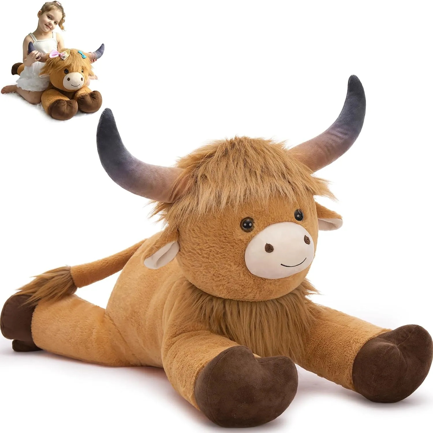 MaoGoLan Big Highland Cow Stuffed Animal for Kid,Large Cow Plush Pillow for Riding,Longhorn Stuffed Animal with Hair,Large Plush Farm Animal for Baby Shower, Birthday Gift,32 inches