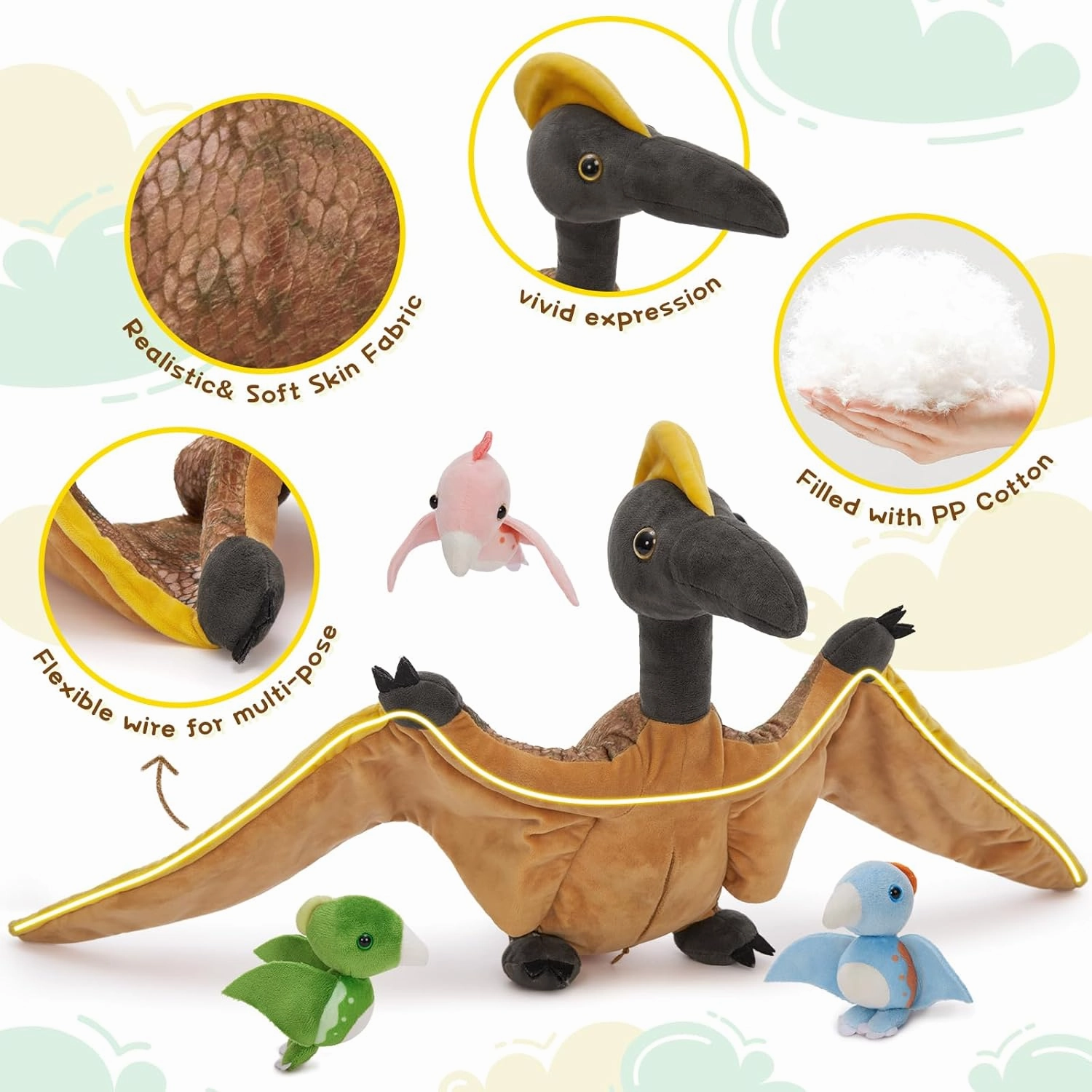 MaoGoLan 37 inch Giant Pterodactyl Plush Stuffed Animals Dinosaur Toys Bulk for Kids, Large Pterosaur Mommy with Babies Inside - Dino Squad Party Favors Decorations Christmas Birthday Gift