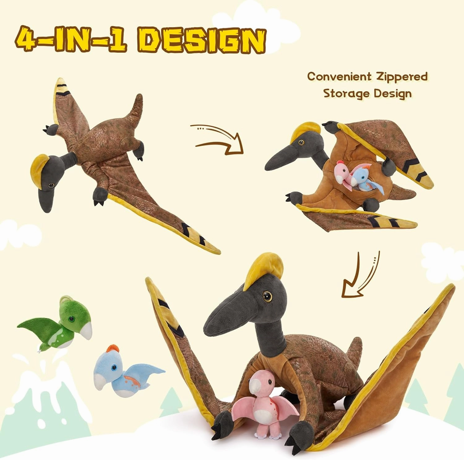 MaoGoLan 37 inch Giant Pterodactyl Plush Stuffed Animals Dinosaur Toys Bulk for Kids, Large Pterosaur Mommy with Babies Inside - Dino Squad Party Favors Decorations Christmas Birthday Gift