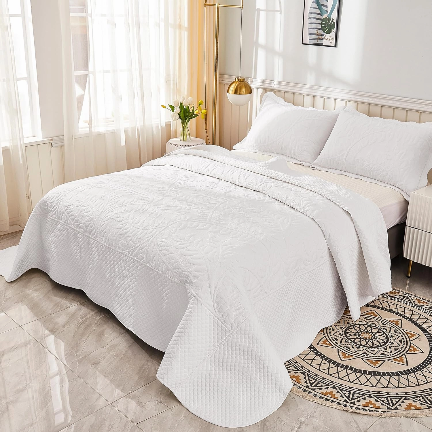 MarCielo 3-Piece 100% Cotton Oversized Bedspread Lightweight Quilt Coverlet Embroidery Farmhouse Bedding Set T0 (Bright White, King (118"x106"))