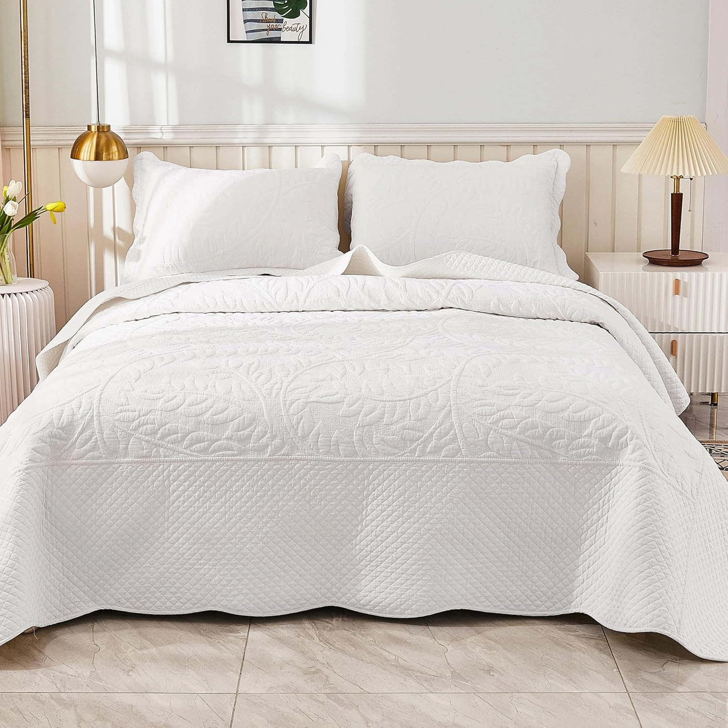 MarCielo 3-Piece 100% Cotton Oversized Bedspread Lightweight Quilt Coverlet Embroidery Farmhouse Bedding Set T0 (Bright White, King (118"x106"))