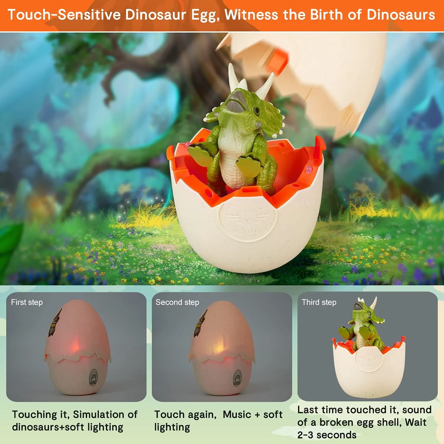 Marsjoy Easter Dinosaur Egg Hatching Egg with Realistic Dinosaur Action Figure - Triceratops with Sound and LED Lights, Touch Control - Ages 3 