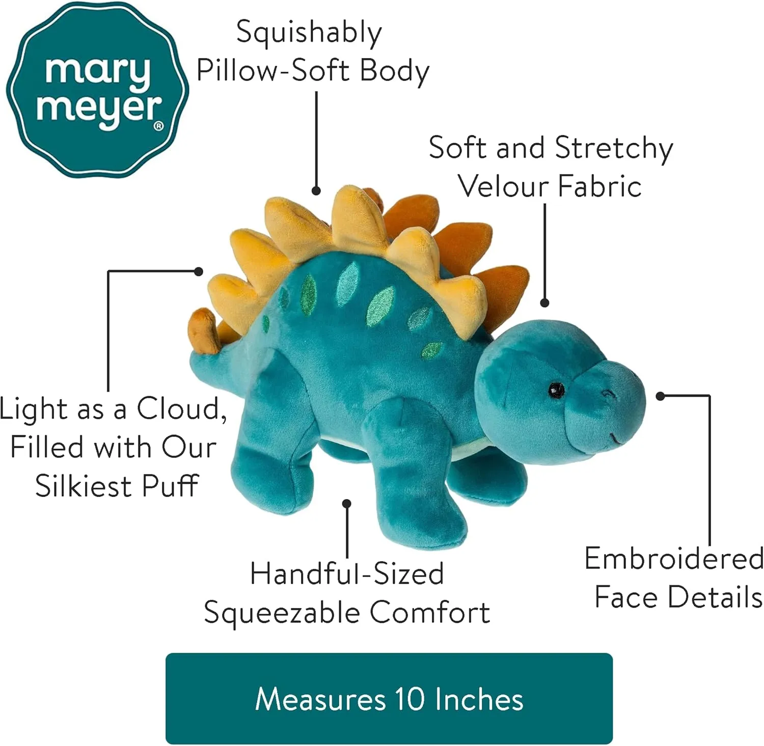 Mary Meyer Stuffed Animal Smootheez Pillow-Soft Toy, 10-Inches, Blue Stegosaurus Dinosaur