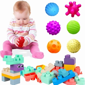Massage Ball Gift Set BPA Free for Toddlers 1-3 Soft Balls Montessori Infant Baby Toys 6 to 12 Months and Soft Building Blocks for Toddler