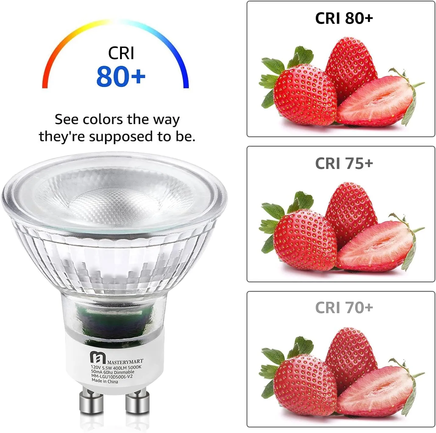 MASTERY MART 24 Pack Dimmable GU10 LED Light Bulbs, 5.5W Bright 5000K Daylight White 50W Halogen Equivalent, 400lm Energy Saver for Track Lighting Fixture, Kitchen, Basement, Living Room, 25000 Hours