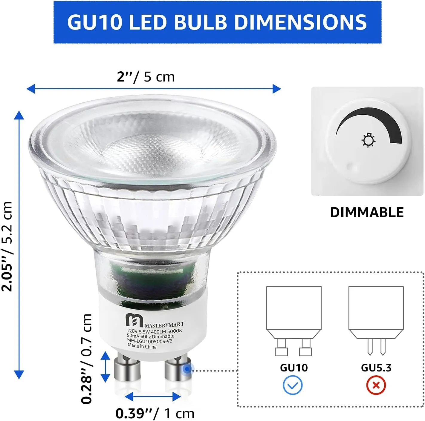 MASTERY MART 24 Pack Dimmable GU10 LED Light Bulbs, 5.5W Bright 5000K Daylight White 50W Halogen Equivalent, 400lm Energy Saver for Track Lighting Fixture, Kitchen, Basement, Living Room, 25000 Hours