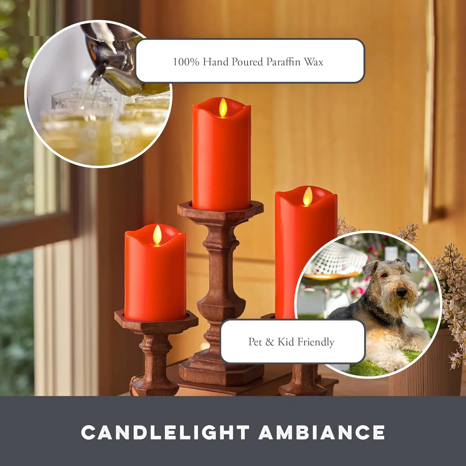 Matchless Candle Co. by Luminara Set of 3 (3" x 4.5",5.5",6.5") Flameless LED Flickering Battery Candle Moving Flame Pillar, Melted Edge, Real Wax Smooth Finish (Bright Red)