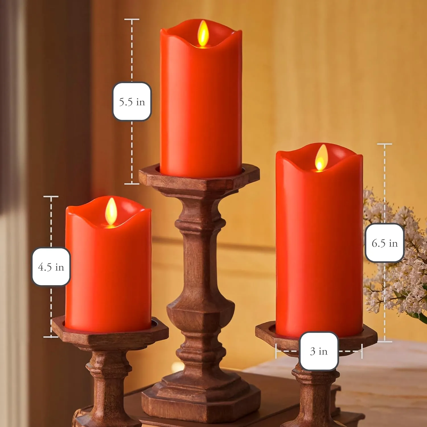 Matchless Candle Co. by Luminara Set of 3 (3" x 4.5",5.5",6.5") Flameless LED Flickering Battery Candle Moving Flame Pillar, Melted Edge, Real Wax Smooth Finish (Bright Red)