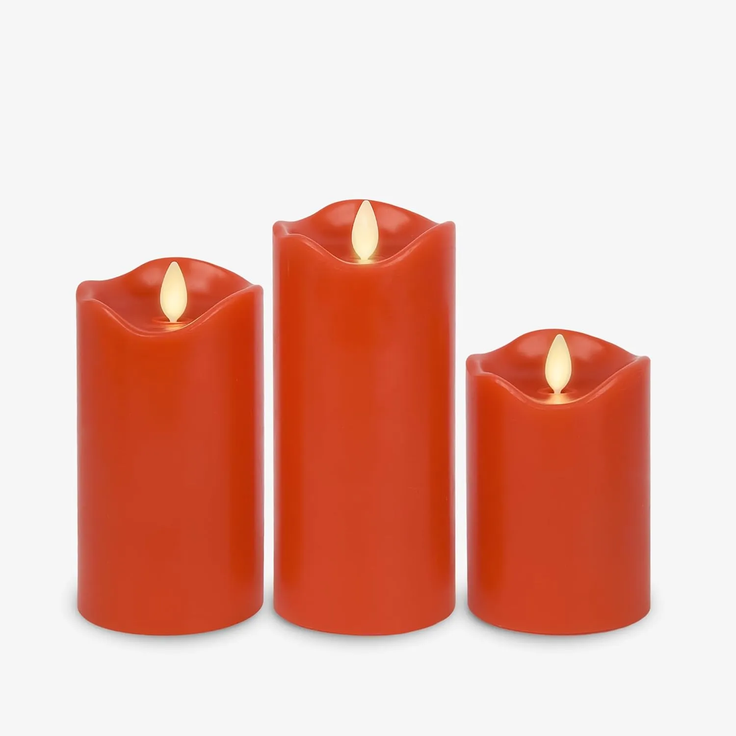 Matchless Candle Co. by Luminara Set of 3 (3" x 4.5",5.5",6.5") Flameless LED Flickering Battery Candle Moving Flame Pillar, Melted Edge, Real Wax Smooth Finish (Bright Red)