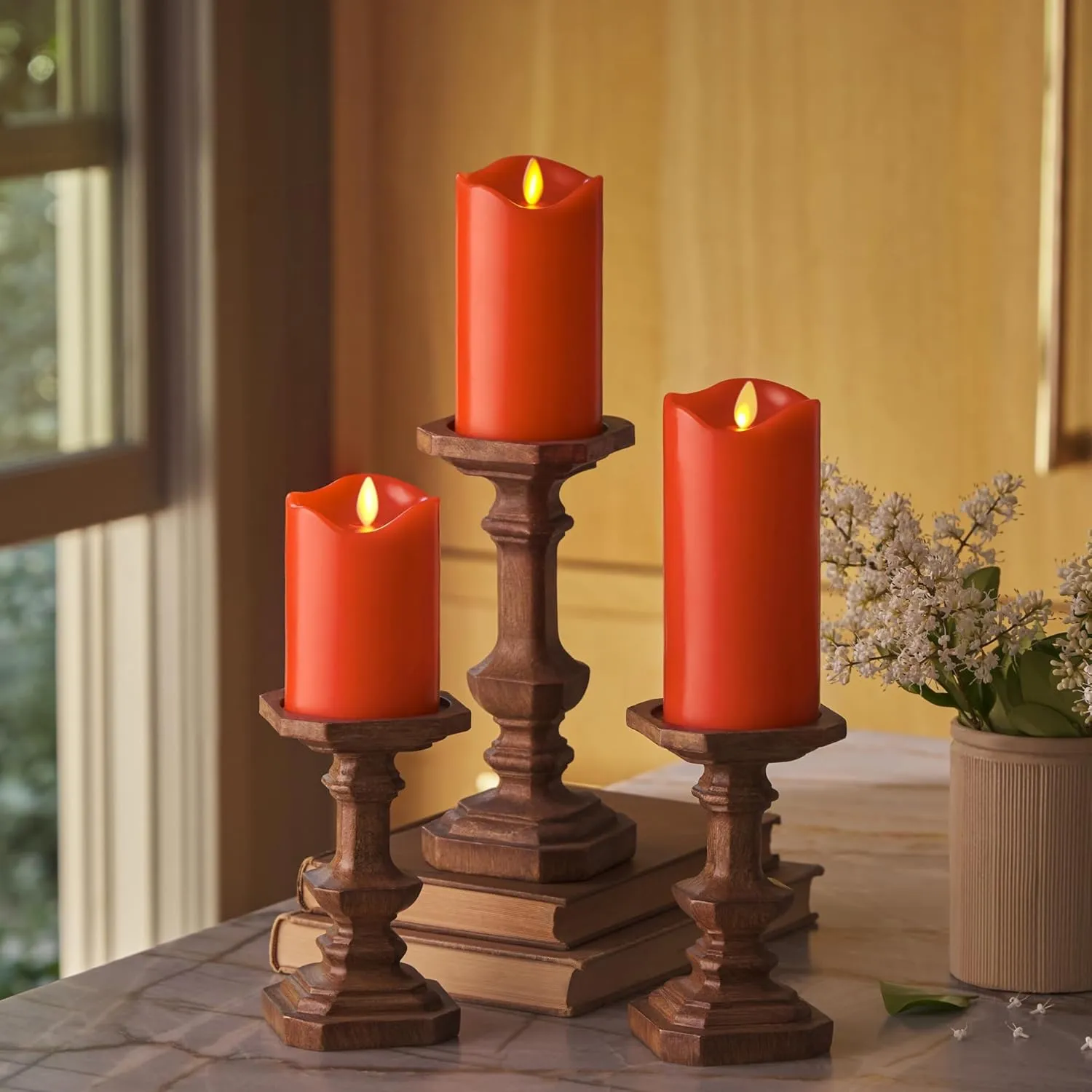 Matchless Candle Co. by Luminara Set of 3 (3" x 4.5",5.5",6.5") Flameless LED Flickering Battery Candle Moving Flame Pillar, Melted Edge, Real Wax Smooth Finish (Bright Red)