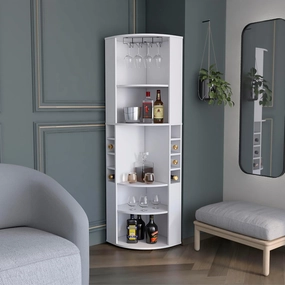 Maximize Space with Oban Corner Bar Cabinet, Five Shelves and Eight Bottle Cubbies, Modern Design, White