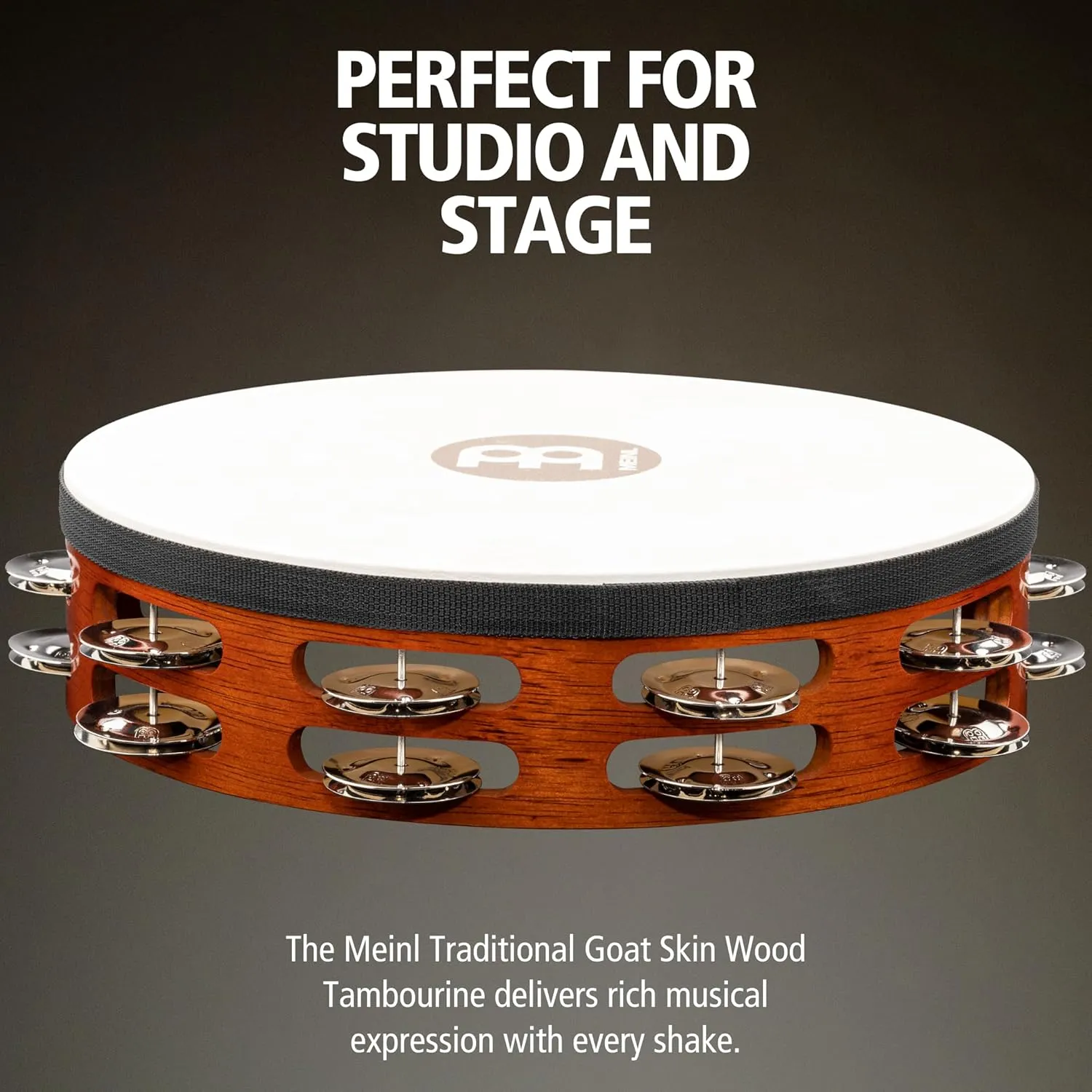 Meinl Percussion TAH2AB Traditional 10-Inch Wood Tambourine with Goat Skin Head and Steel Jingles, 2 Row