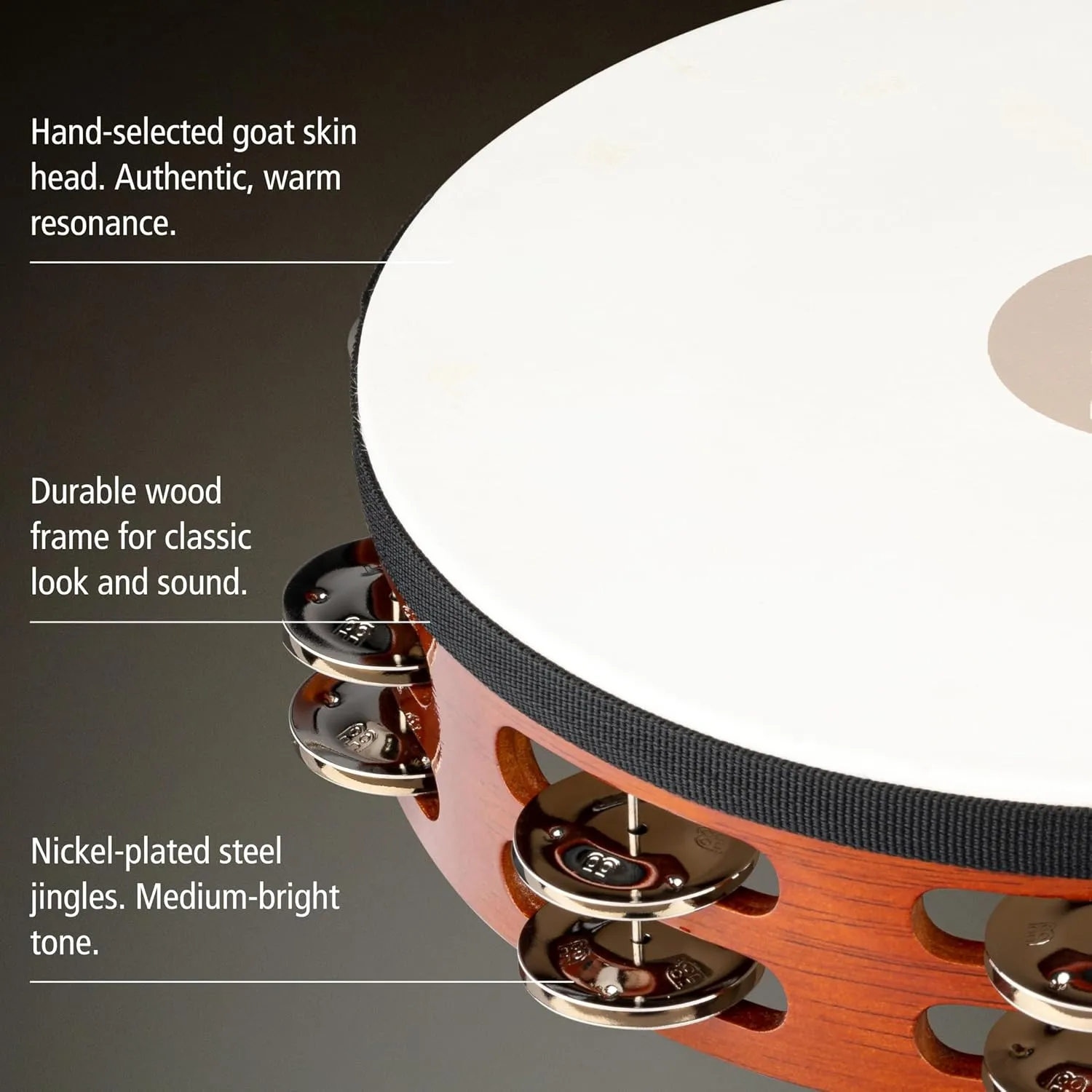 Meinl Percussion TAH2AB Traditional 10-Inch Wood Tambourine with Goat Skin Head and Steel Jingles, 2 Row
