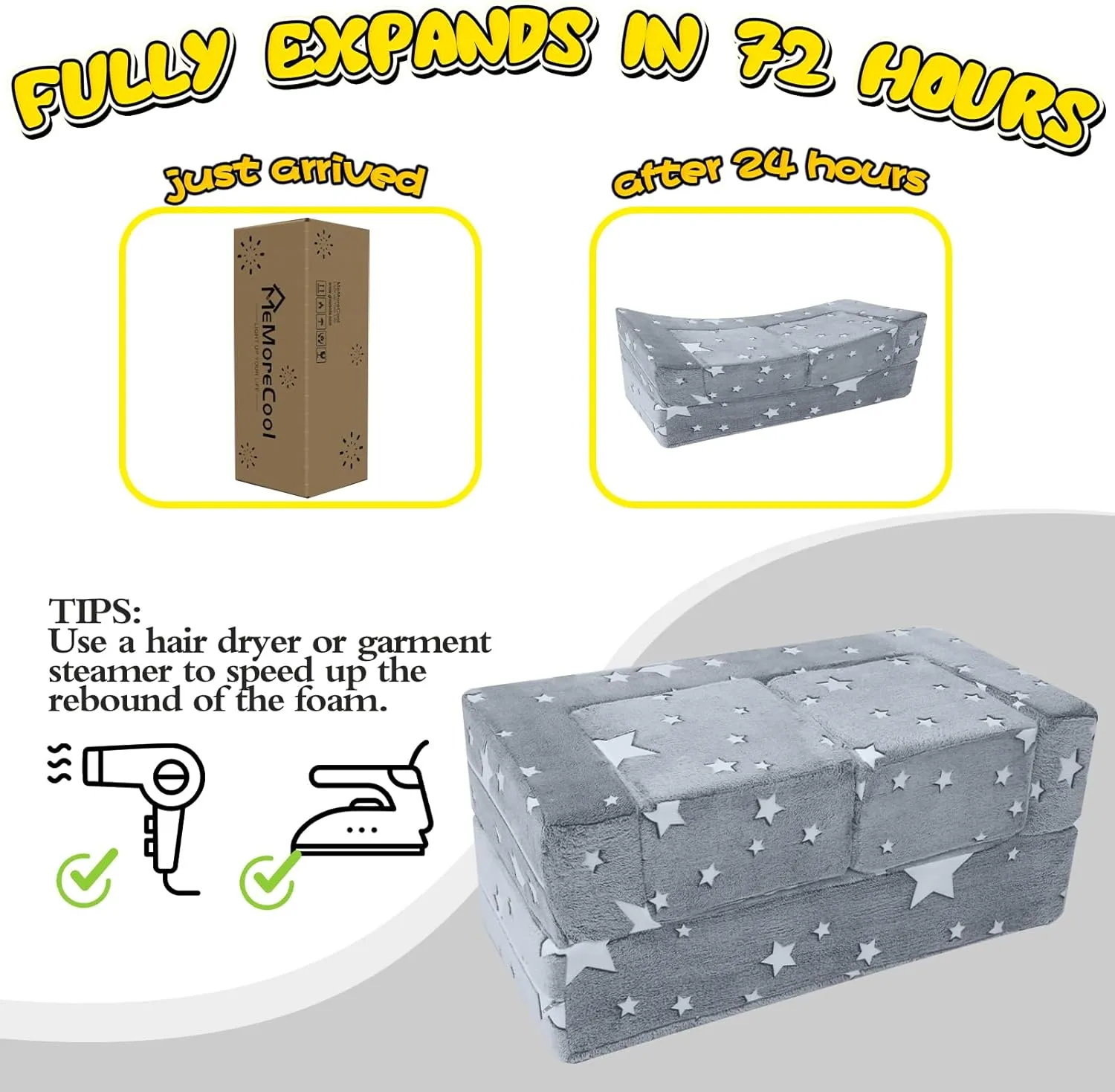 MeMoreCool Modular Kids Play Couch Sofa – Glow in The Dark Star Design, Fold-Out Toddler Couch for Playroom Furniture, Grey