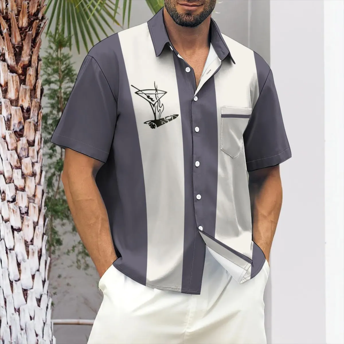 Mens Bowling Shirts, 1950s Hawaiian Vintage Button Down Short Sleeve Shirts Summer Casual Holiday Beach Shirts