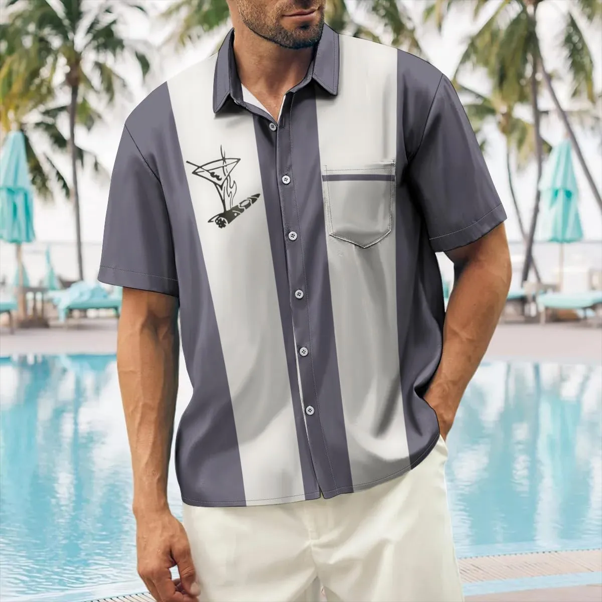 Mens Bowling Shirts, 1950s Hawaiian Vintage Button Down Short Sleeve Shirts Summer Casual Holiday Beach Shirts