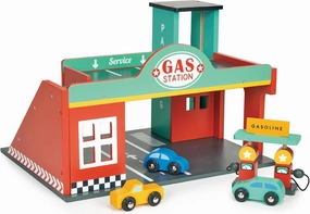 Mentari Toys - Gas Station - Wooden Toy Garage with Lift, Cars, Ramp and Gas Pumps - Encourages Imaginative Play, Fine Motor Skills & Problem Solving - Age 3 