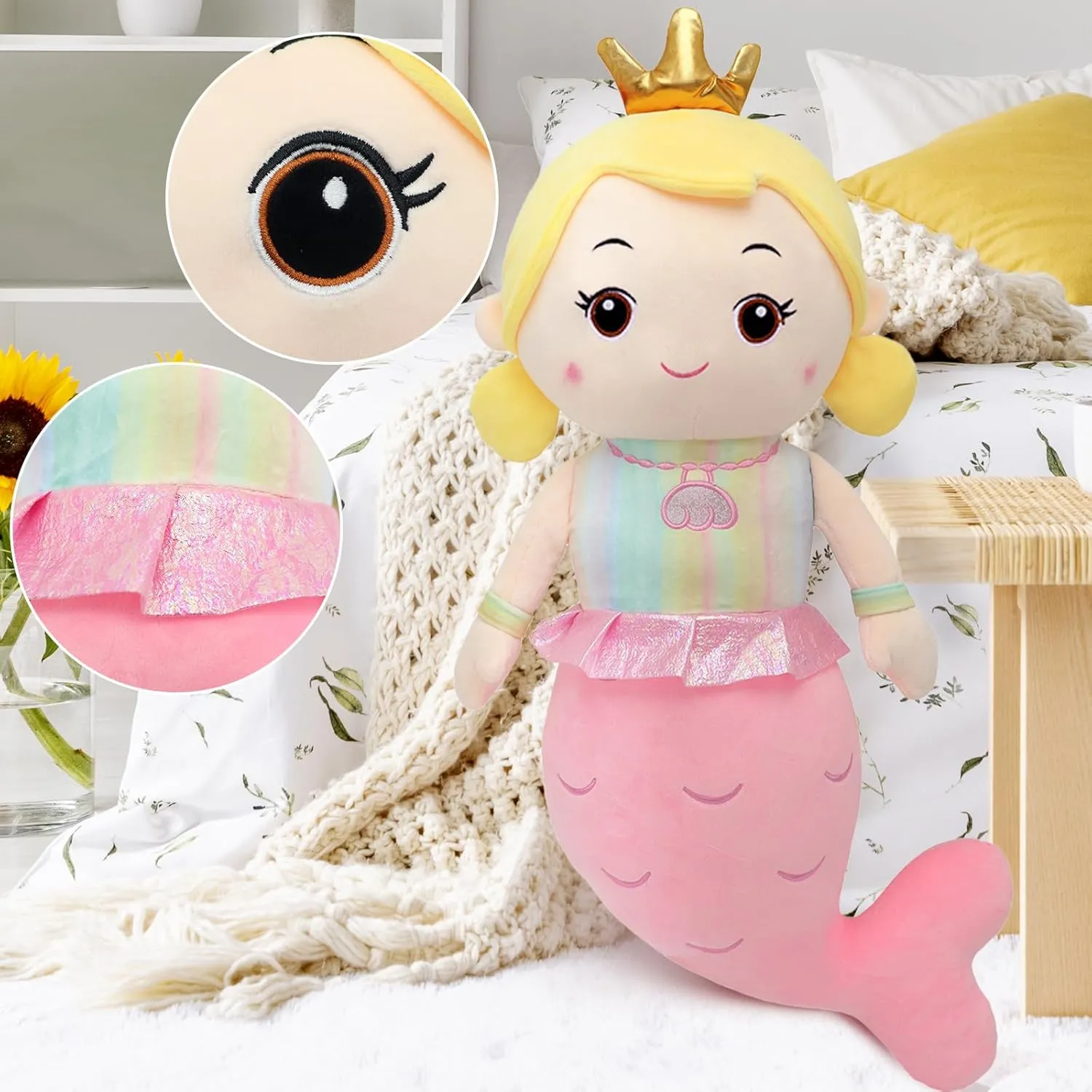 Mermaid Stuffed Animal Plush Pillow Toy 39.in Mermaid Doll Stuffy Plushie Life Size Giant Mermaid Body Pillows Doll for Girls Kids