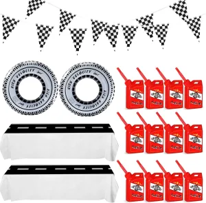 Mifoci 18 Pcs Racing Birthday Party Supplies: 12 Red Fuel Cups, 2 Runner Tire Swimming Rings, 2 Checkered Flag Banners, 2 Racetrack Floor Runners