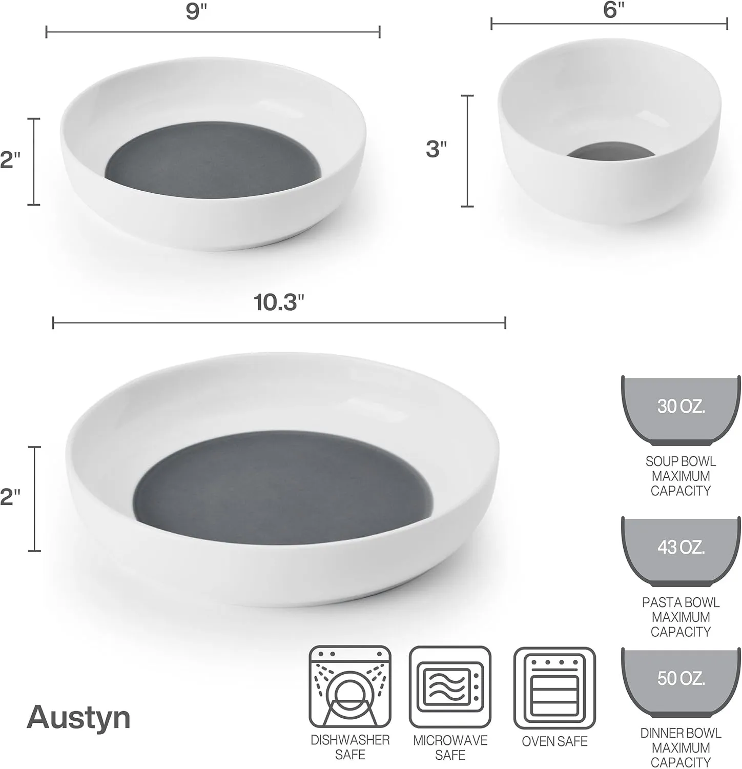 Mikasa Austyn Grey Bone China Lightweight Chip Resistant 9 Piece Dinnerware Bowl Set, Service for 3, White