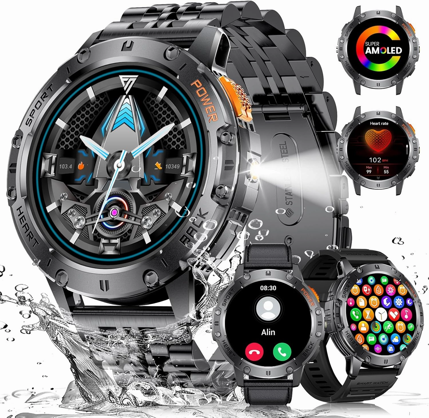 Military Smart Watches for Men with LED Flashlight,3 Straps,1,43'' AMOLED Smartwatch for Men with 530mAh Battery,5ATM Waterproof Fitness Tracker Smart Watch with Answer/Make Call iOS Android