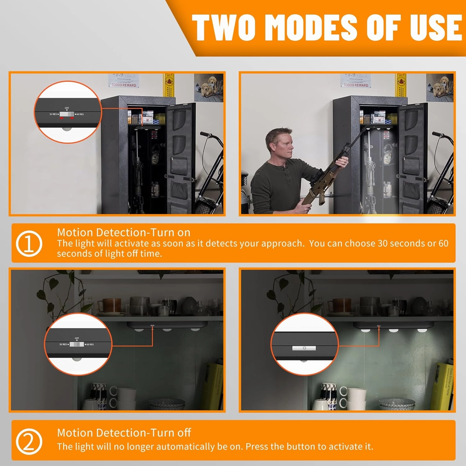 MIND&ACTION Gun Safe Lights, LED, 12 Bulbs, Motion Activated, Rotatable, Battery Powered (Black 2 Pack)