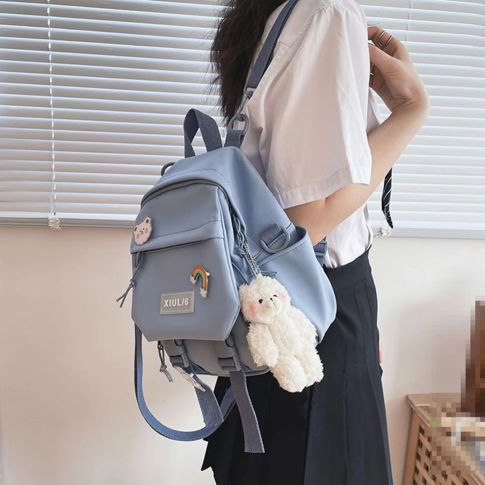 Mini Backpack Aesthetic Backpack Cute Canvas Backpack Casual Travel Daypacks Solid Color (Bag Badge Bear,Black)