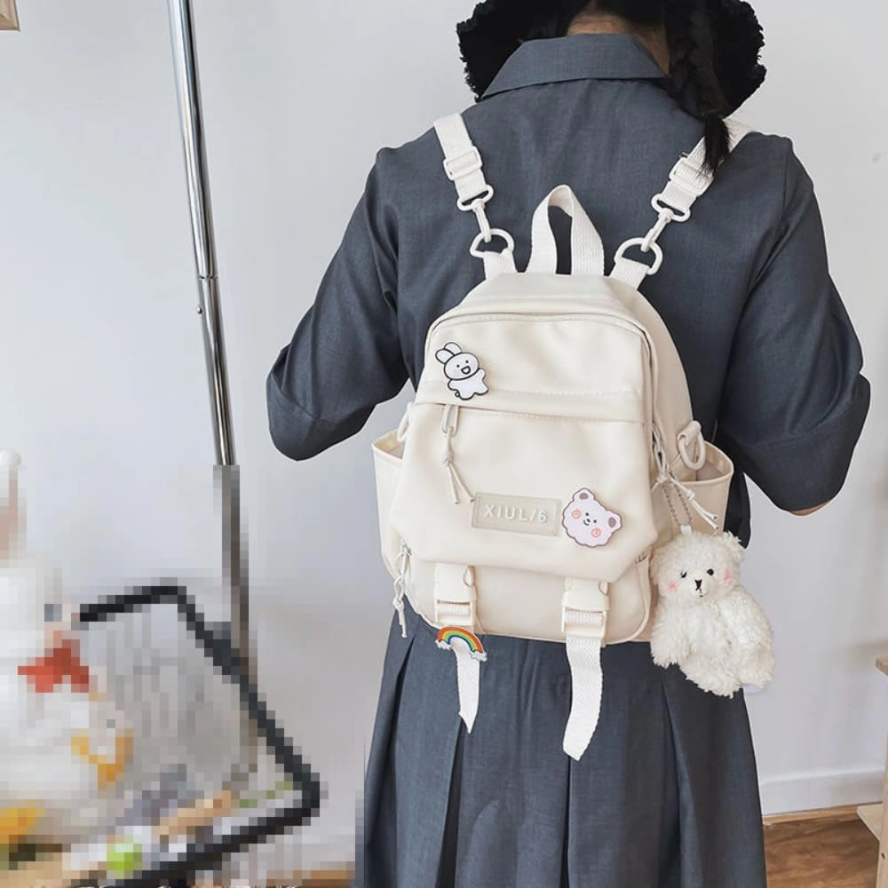 Mini Backpack Aesthetic Backpack Cute Canvas Backpack Casual Travel Daypacks Solid Color (Bag Badge Bear,Black)