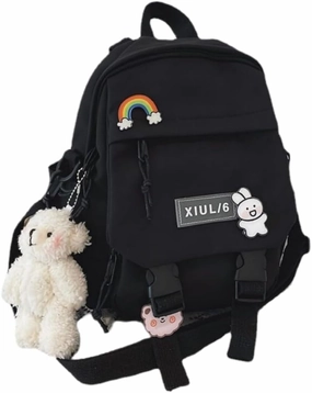 Mini Backpack Aesthetic Backpack Cute Canvas Backpack Casual Travel Daypacks Solid Color (Bag Badge Bear,Black)