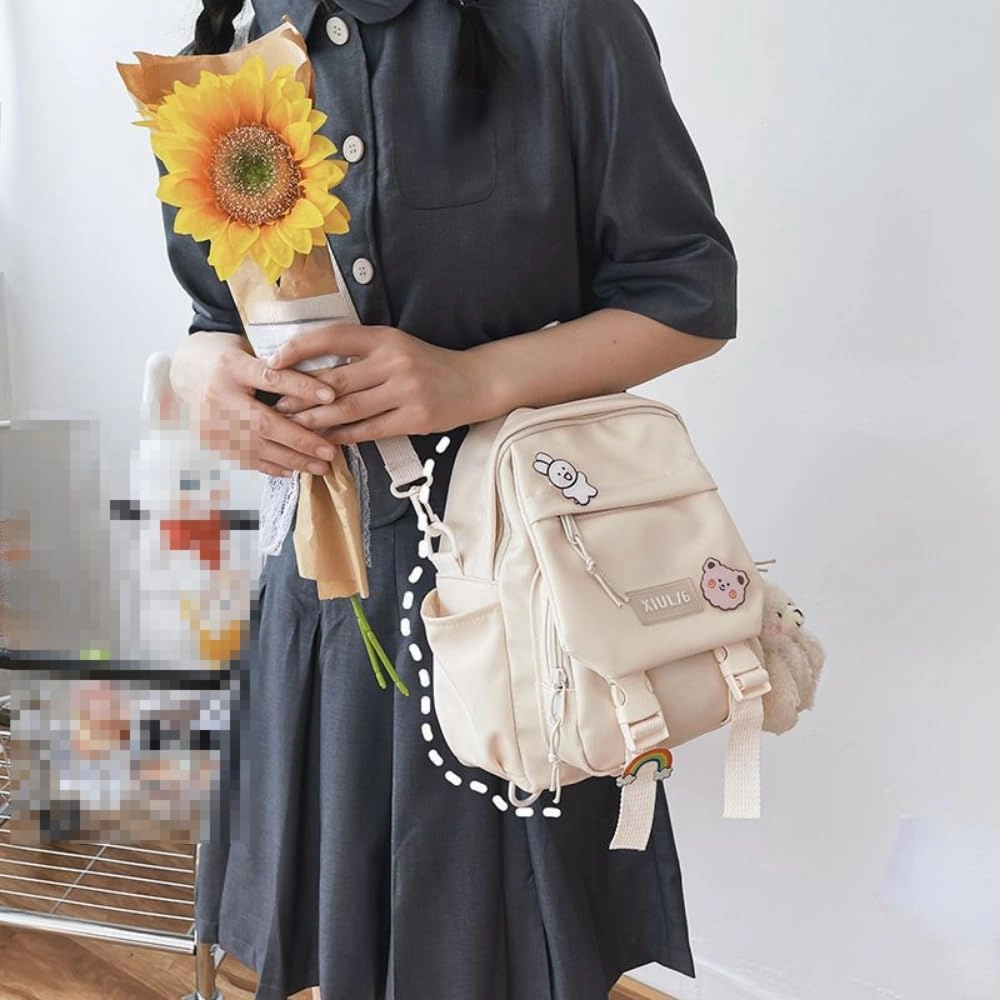 Mini Backpack Aesthetic Backpack Cute Canvas Backpack Casual Travel Daypacks Solid Color (Bag Badge Bear,Black)
