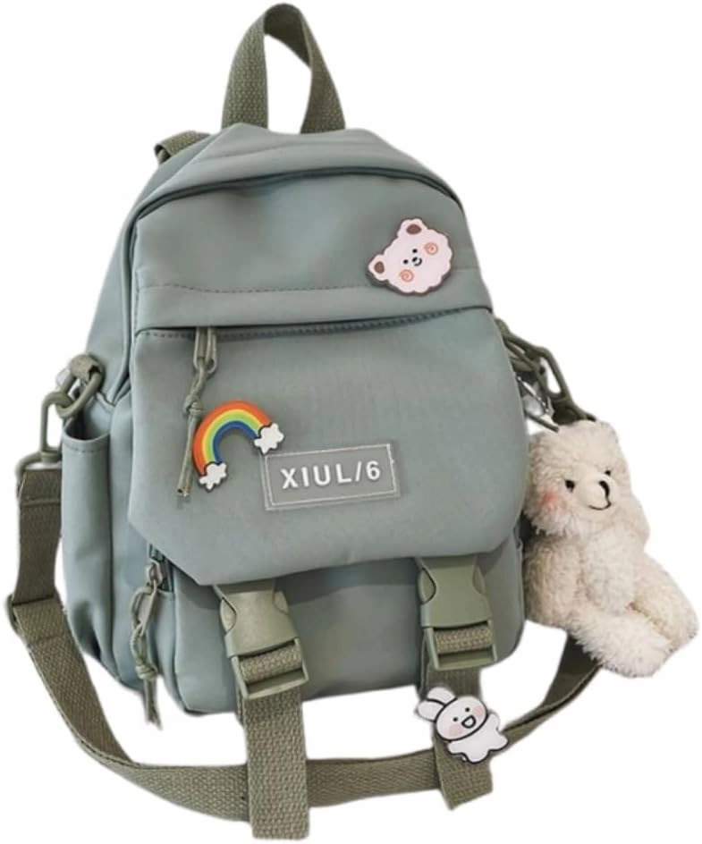 Mini Backpack Aesthetic Backpack Cute Canvas Backpack Casual Travel Daypacks Solid Color (Bag Badge Bear,Green)