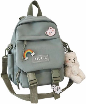 Mini Backpack Aesthetic Backpack Cute Canvas Backpack Casual Travel Daypacks Solid Color (Bag Badge Bear,Green)