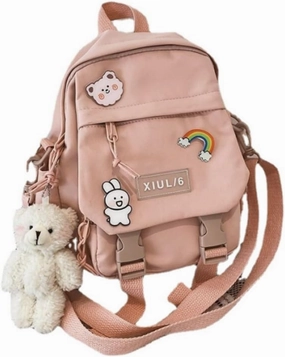 Mini Backpack Aesthetic Backpack Cute Canvas Backpack Casual Travel Daypacks Solid Color (Bag Badge Bear,Pink)