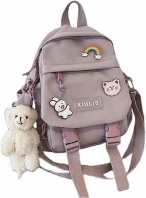 Mini Backpack Aesthetic Backpack Cute Canvas Backpack Casual Travel Daypacks Solid Color (Bag Badge Bear,Purple)