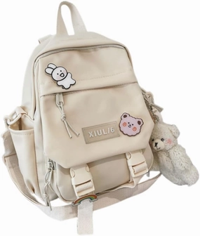 Mini Backpack Aesthetic Backpack Cute Canvas Backpack Casual Travel Daypacks Solid Color (Bag Badge Bear,White)
