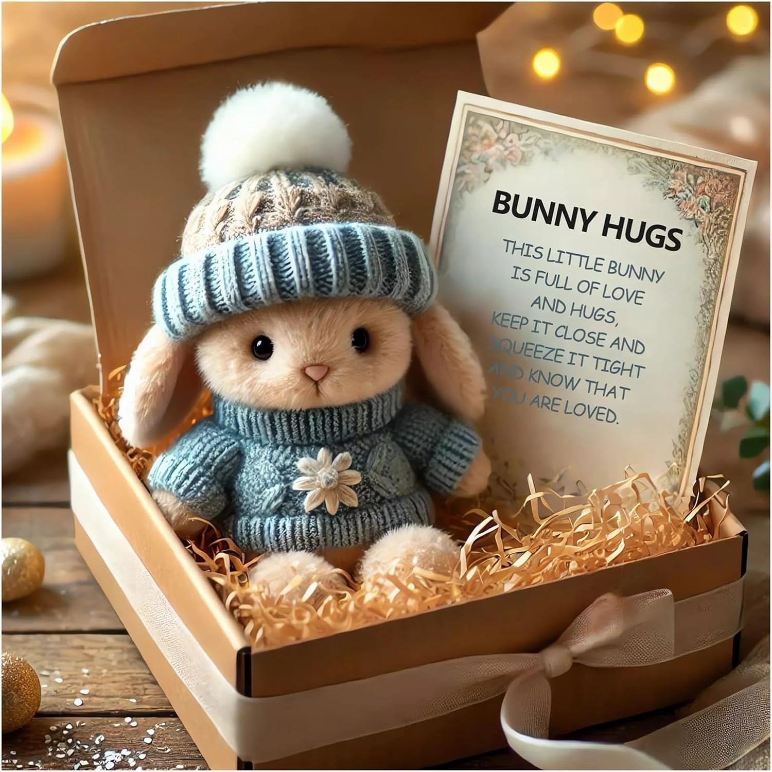 Mini Bunny Hug Cute Easter Gift Plush 2025 Bunny in a Box Hugs Positive Bunny Stuffed Animal Rabbit Soft Floppy Easter Ideas Bunnies Basket Stuffers Doll Emotional Support Inspirational Gifts (A1)