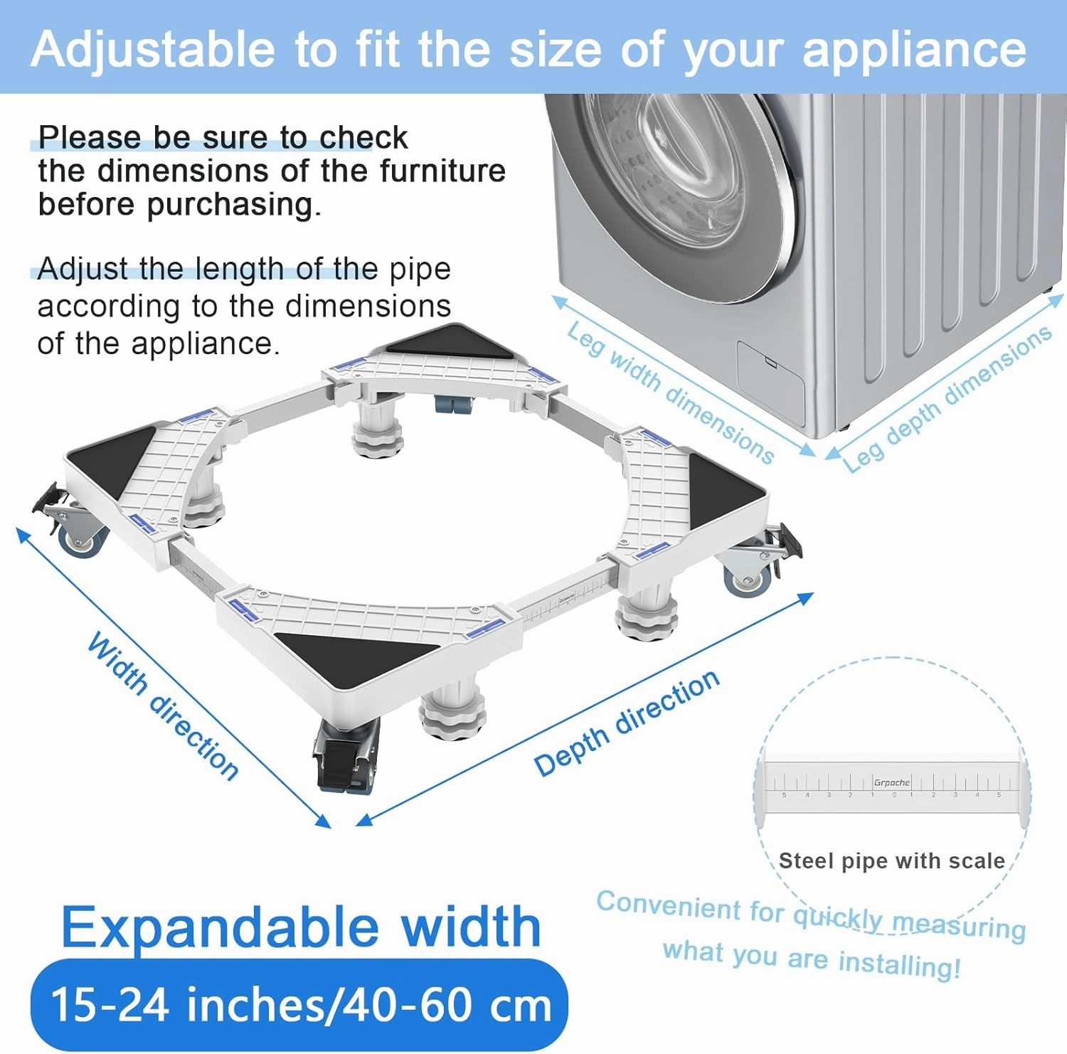 Mini Fridge Stand with 4 Locking Twin Wheels Washing Machine Stand Base 4 Strong Feet Adjustable Universal Mobile Roller Base for Furniture Portable Refrigerator Dryer Stand 40-60 cm(White, 881LB)