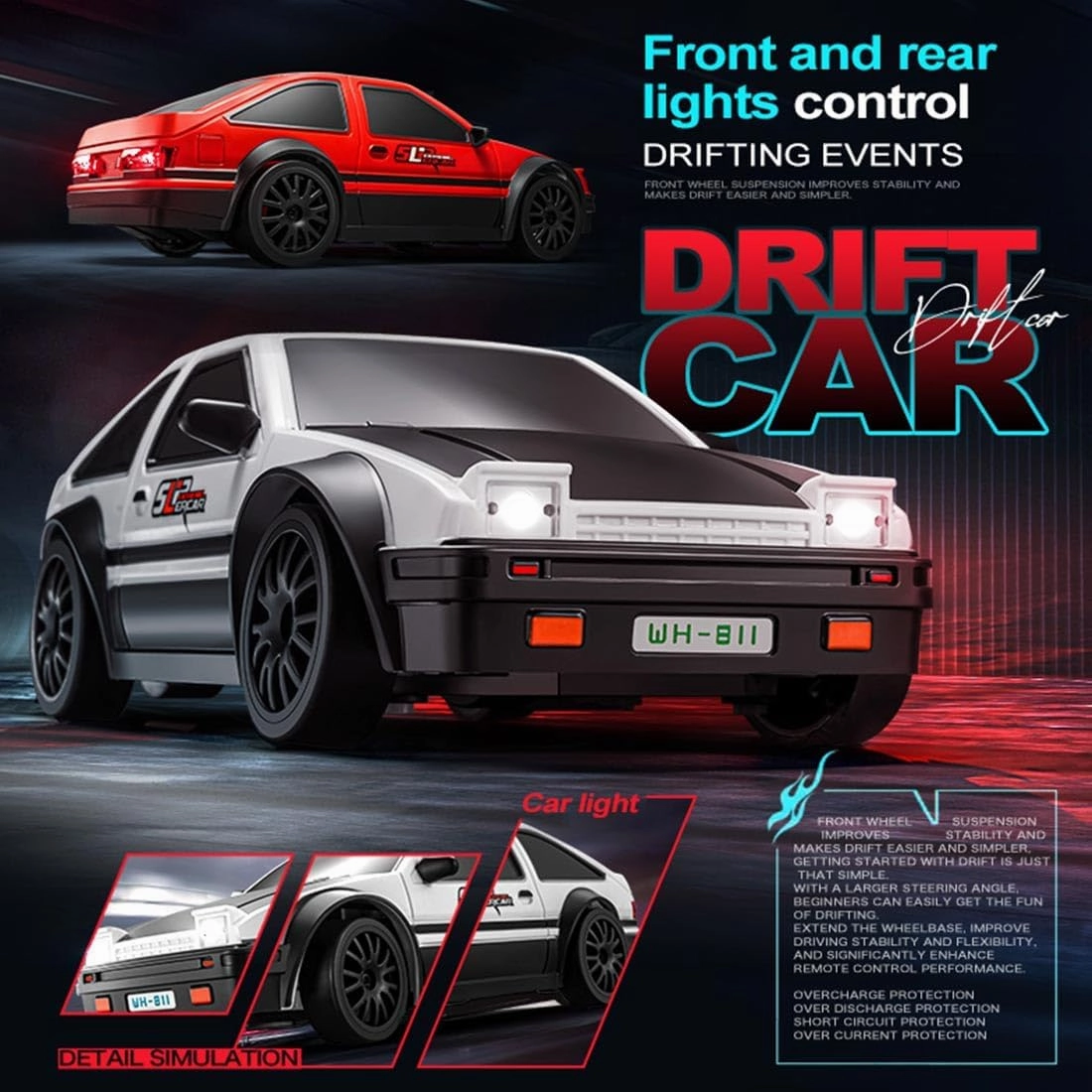 Mini RC Drift Car Model with Lights, 1/24 Scale RC Electric 4WD Racing Car Controllable Two Speed Switching, 2.4GHz Remote Control High Speed Race Drifting Cars Toy for Boys Adults