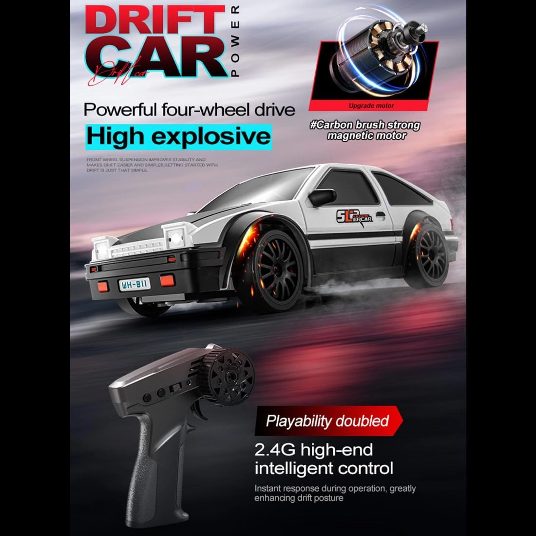 Mini RC Drift Car Model with Lights, 1/24 Scale RC Electric 4WD Racing Car Controllable Two Speed Switching, 2.4GHz Remote Control High Speed Race Drifting Cars Toy for Boys Adults