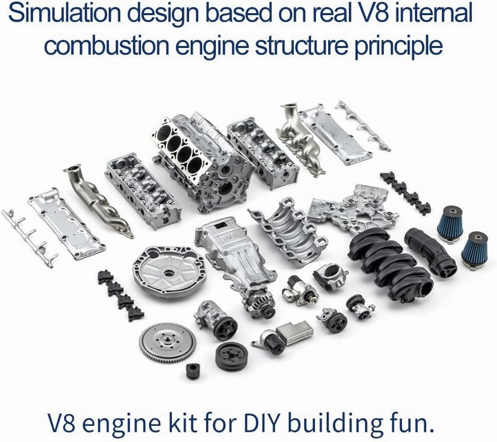 Mini V8 Engine Model Kit, MAD RC 3D Printing Resin Simulation Dynamic V8 Engine Internal Combustion Engine Model DIY Assembly for AX90104 SCX10Ⅱ Capra VS4-10 Pro/Ultra Model Car (KIT Version)