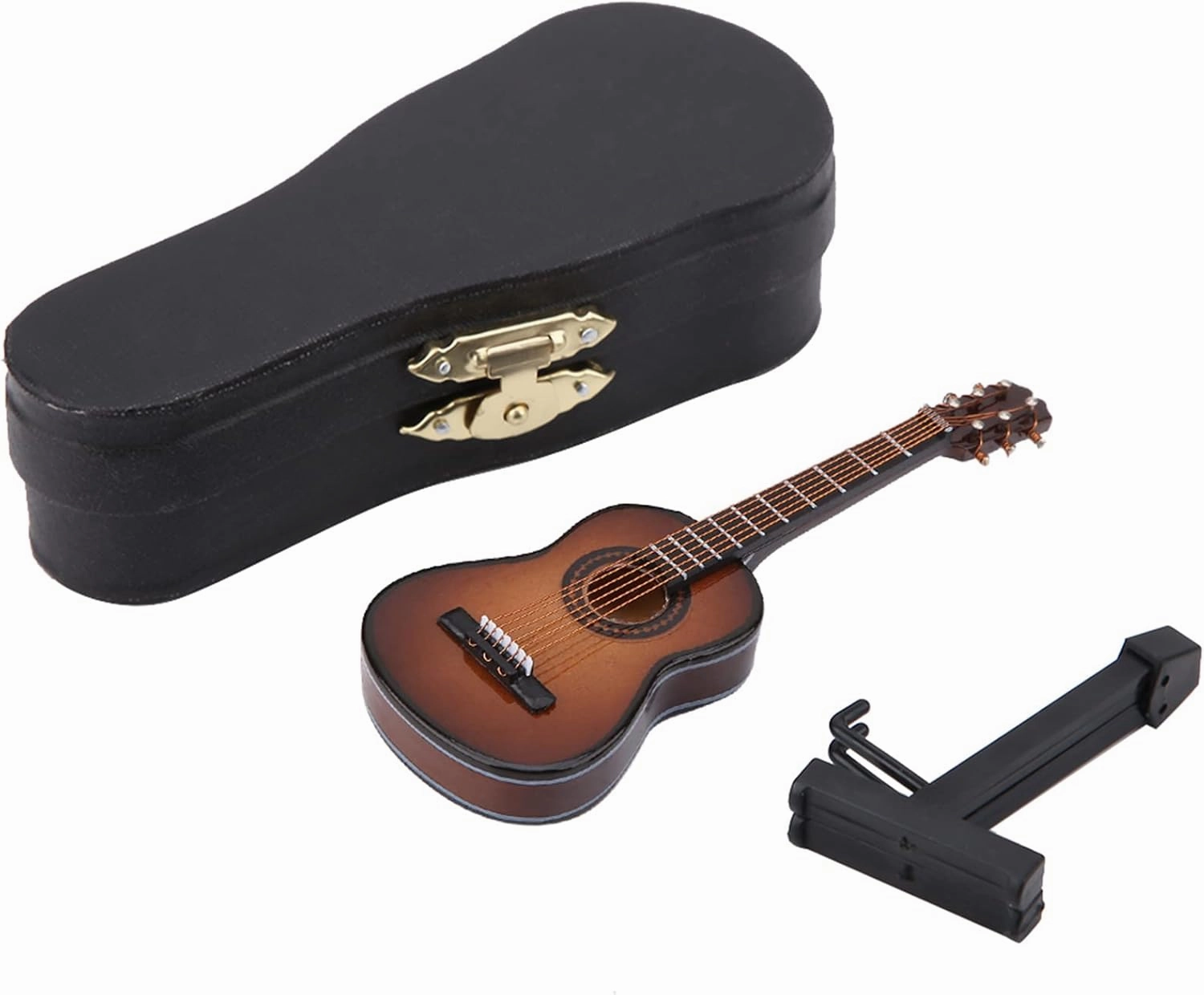 Miniature Guitar Model, Mini Wooden Guitar Model with Stand and Case Musical Ornaments Model Display Miniature Dollhouse Display Accessories Craft Home Decor Collectible Decoration (10CM)
