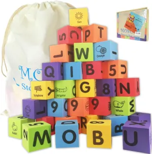 MOBU Foam Building Blocks for Toddlers,30 pcs 2-inch Alphabet Letters Number Blocks with Storage Bag, Learning ABC, 123 Stacking Blocks for Kids
