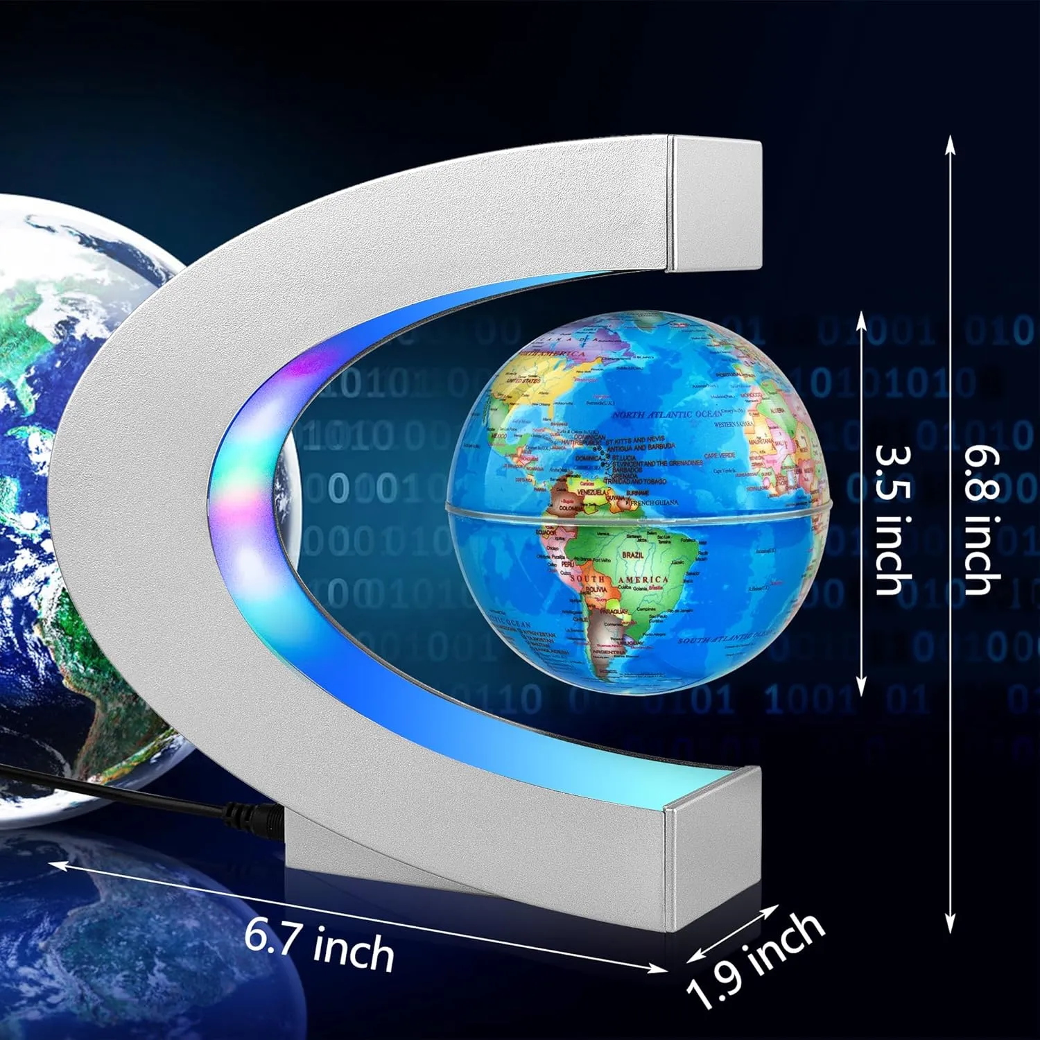 MOKOQI Magnetic Levitating Globe with LED Light, Cool Tech Gift for Men Father Boys and Girls, Birthday Gifts for Kids, Floating Globes World Desk Gadget Decor in Office Home Display (Silver)