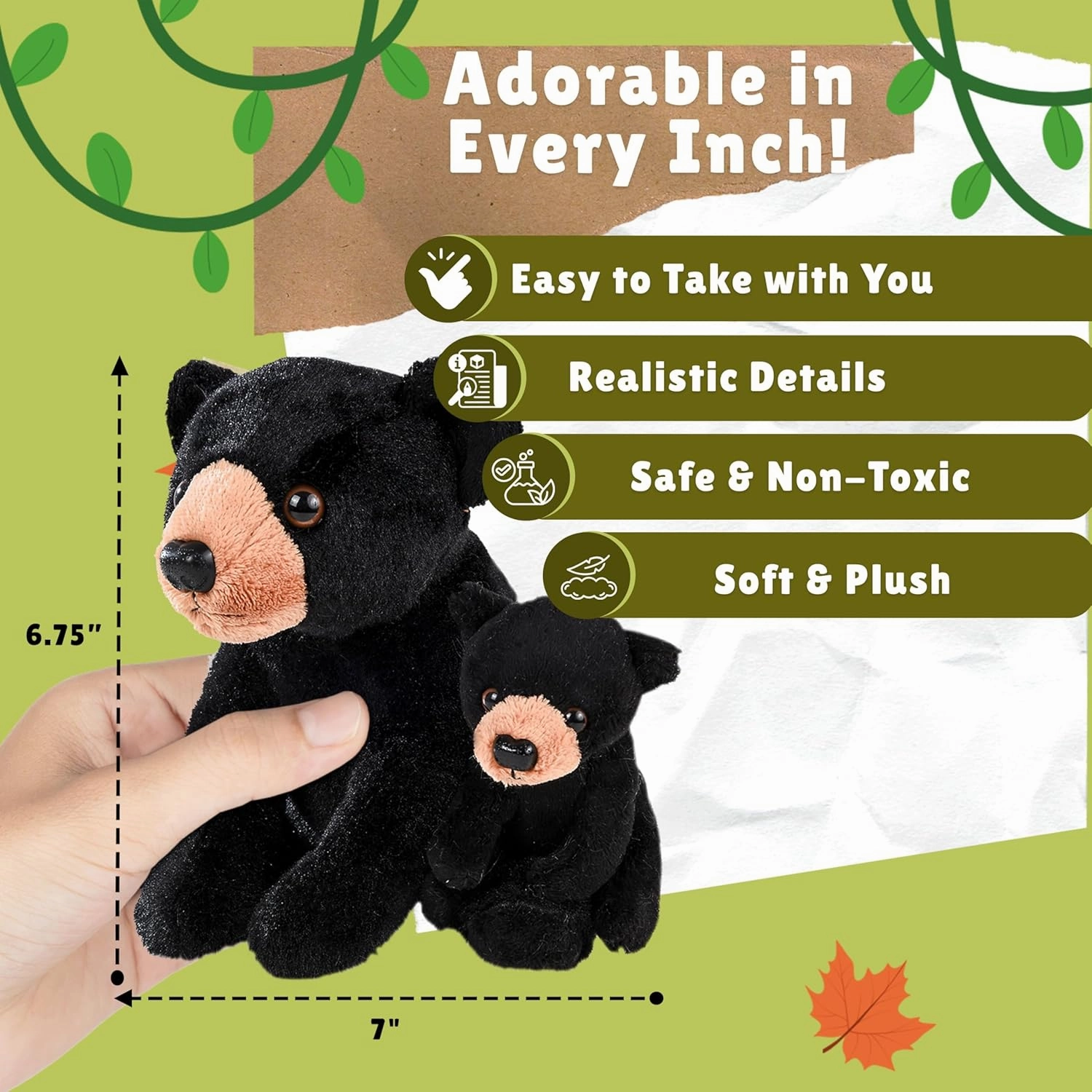 Mom and Baby Mini Black Bear Stuffed Animals for Boys and Girls, Safari Baby Shower Decorations, Nursery Decor, Zoo Animals for Toddlers, Realistic Toys, Soft, Huggable and Squeezable