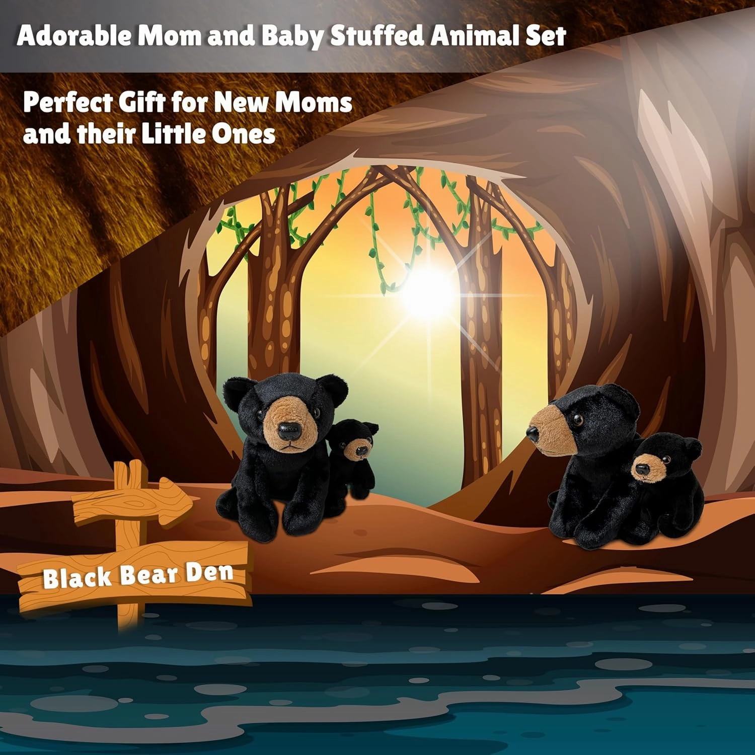 Mom and Baby Mini Black Bear Stuffed Animals for Boys and Girls, Safari Baby Shower Decorations, Nursery Decor, Zoo Animals for Toddlers, Realistic Toys, Soft, Huggable and Squeezable
