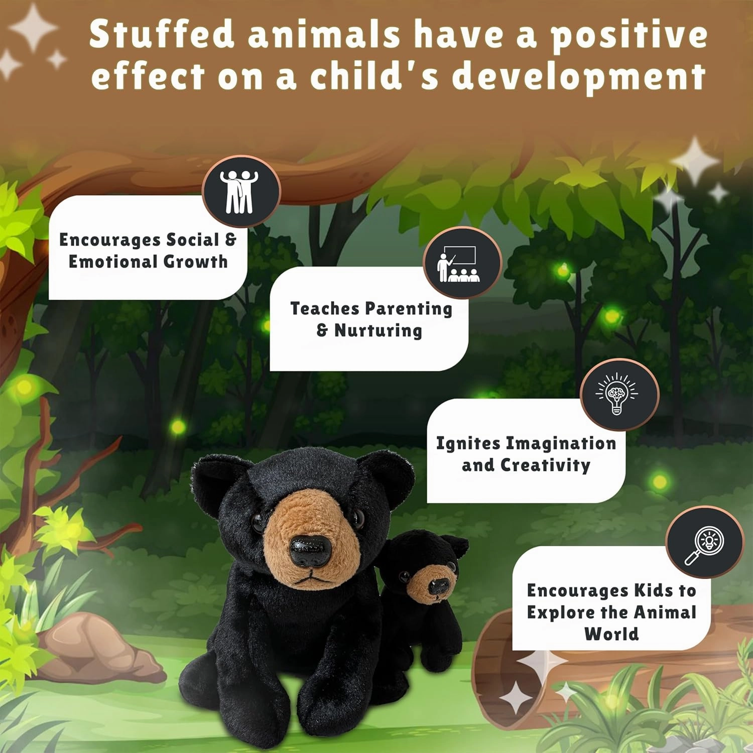 Mom and Baby Mini Black Bear Stuffed Animals for Boys and Girls, Safari Baby Shower Decorations, Nursery Decor, Zoo Animals for Toddlers, Realistic Toys, Soft, Huggable and Squeezable